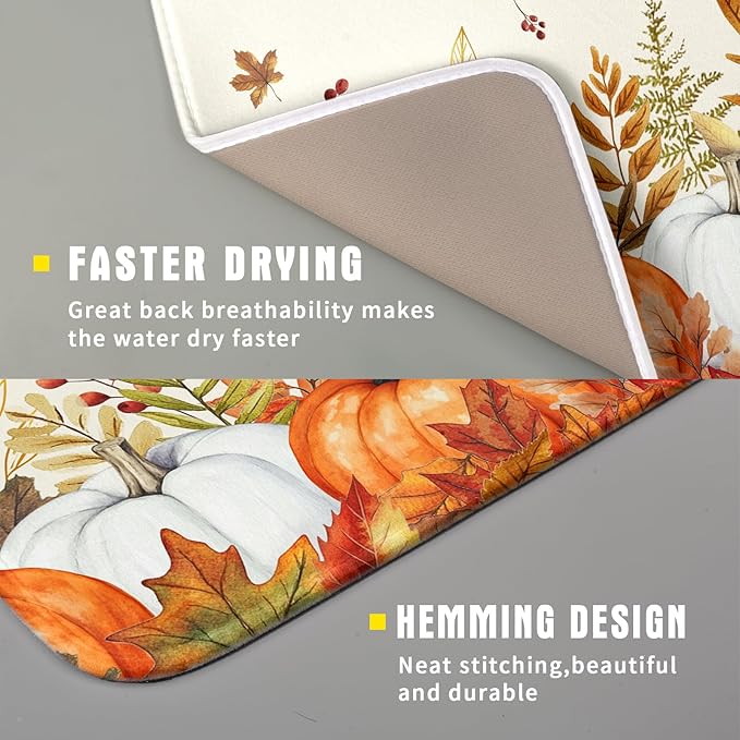 ABSOP Fall Dish Drying Mat for Kitchen Counter 16 x 18 Inch Orange Pumpkin Drying Mat Absorbent Reversible Microfiber Mats for Thanksgiving Decoration Dish Rack Pad Drainer Mat for Coffee Bar