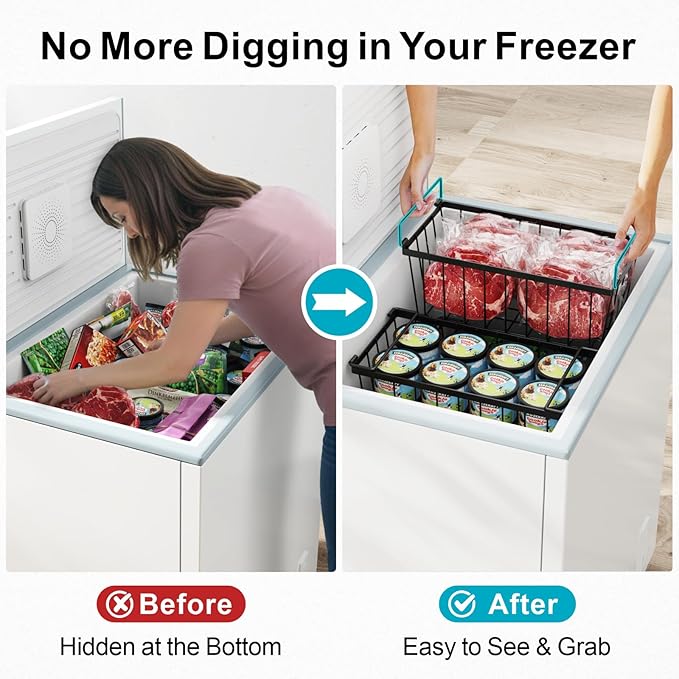 iSPECLE Chest Freezer Organizer Bins - Fits 7 Cu.Ft Deep Freezer, 3 Pack Stackable Wire Baskets(14.7" Length), Heavy Duty Coated Freezer Organizer, Rust Resistant for Frozen Food Sorting, Black