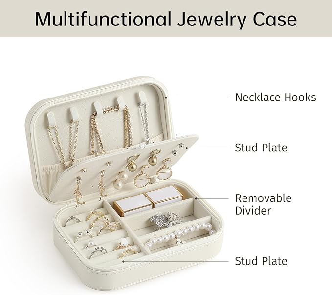 CASEGRACE Travel Jewelry Case, Double Layer Travel Jewelry Organizer for Necklace Earring Rings Jewelry Display Case for Women, White