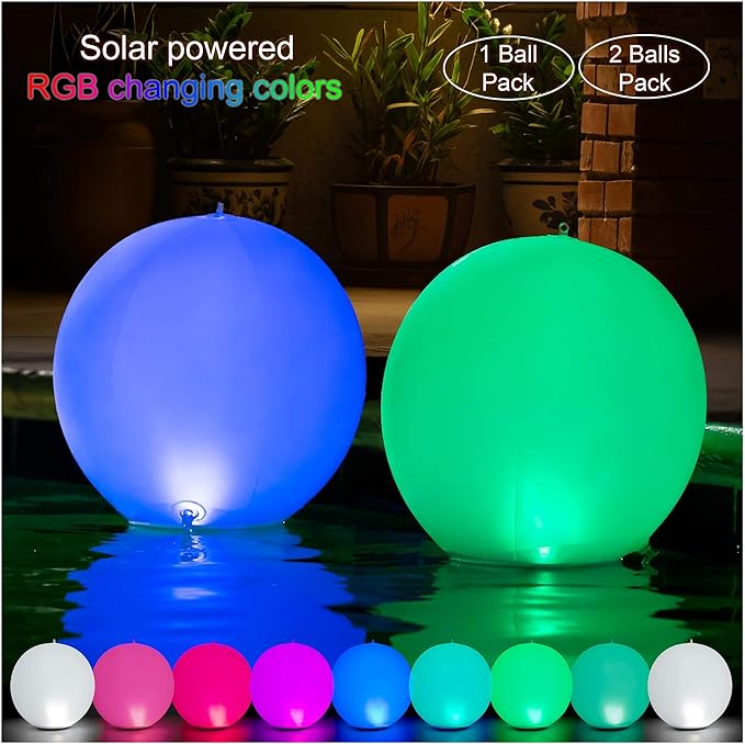 Solar Floating Pool Lights - Pack of 2 Solar Powered Color Changing 14-inch Balls - Float or Hang in Pool Garden Backyard Pond Party Decorations - Inflatable Wateproof