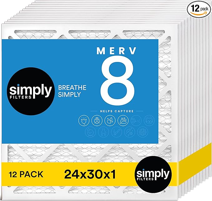 Simply 24x30x1 Air Filter, Merv 8, 12 Pack, For Home AC Furnace & HVAC (Actual Size: 23.94"x29.94"x0.75") DUST, Pet, & Allergy Control