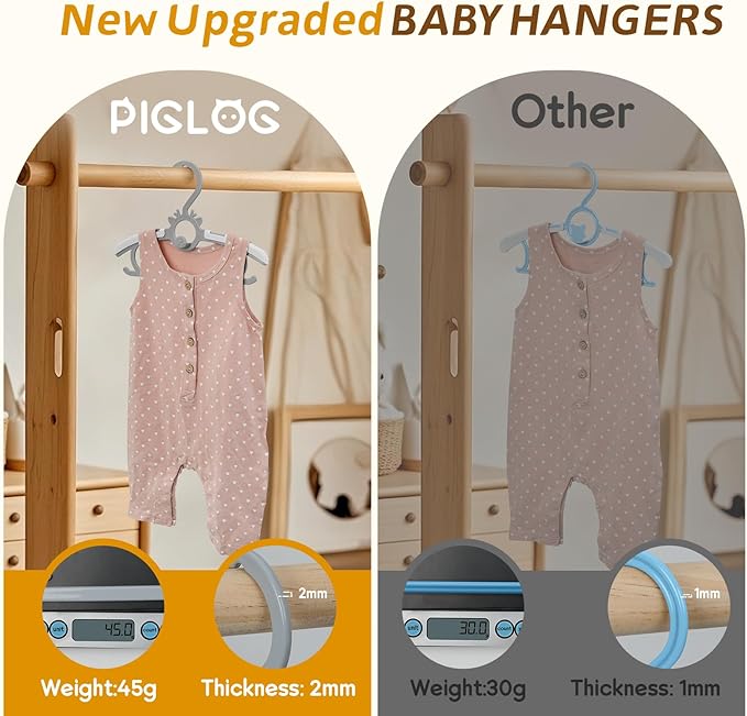 Toddler Hangers 60PCS, 11"-14" Extendable and Stackable Baby Hangers, 45g Ultra-Thick Space Saving Non-Slip Plastic Hanger for Infant, Kids and Nursery Closet, Gray