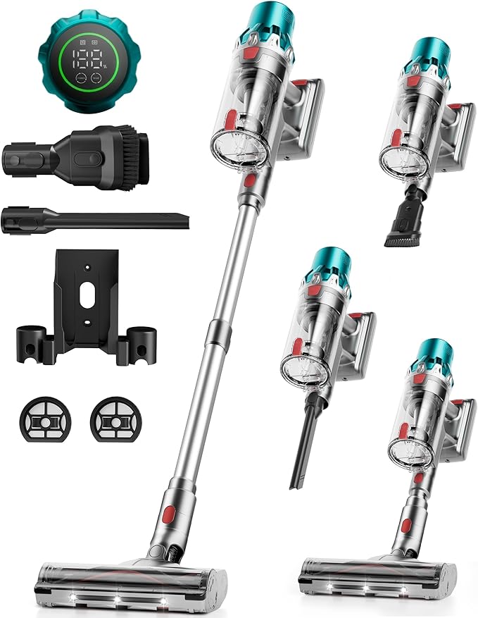 Hivroo V6 Cordless Vacuum Cleaner,600W Stick Vacuum with LED Touch Screen,70Mins 50KPA Self-Standing Wireless Vacumm,Upgraded Anti-Tangle Vacuum Cleaner for Home,Pet Hair,Carpets,Floor,Green