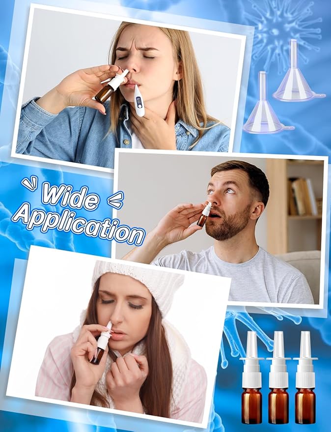 ZHWKMYP 10 Pcs Nasal Spray Bottle, 5ML/0.17OZ 6 Pcs Brown Fine Mist Glass Empty Refillable Nasal Spray Bottle with 2 Funnels and 2 Labels