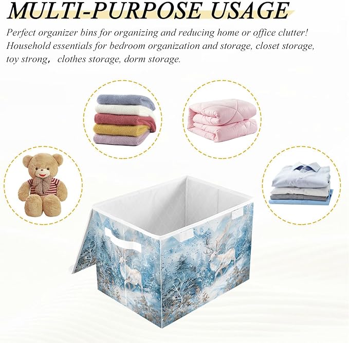 senya Winter Baskets Collapsible Storage Bins with Lids, Winter White Reindeer Snow Storage Boxes Clothes Baskets for Organizing