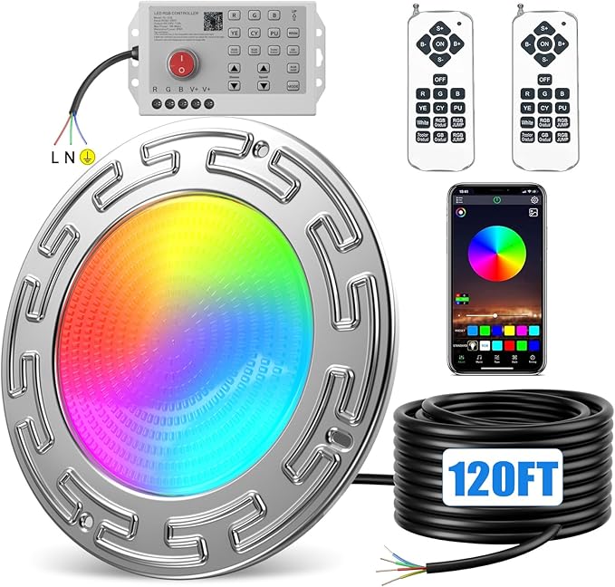 120FT 10Inch 60W Led Pool Lights for Inground Pool with 3 Way to Control (App/Remote/Controller), Multicolor Changing Smart Underwater Swimming Pool Light for 10" Large Wet Niches