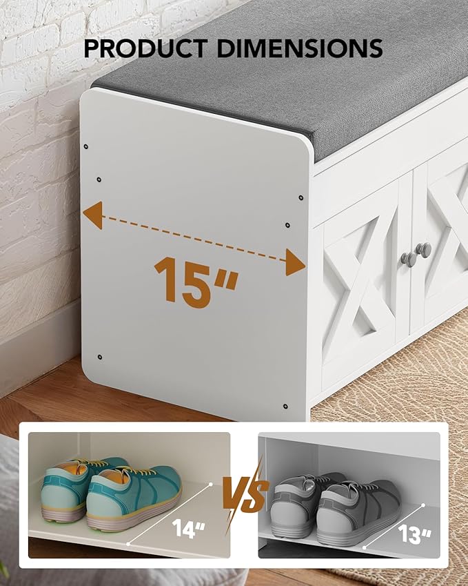 Amada Shoe Storage Bench, 47.2" Long Entryway Bench with Cushioned Seat & Lift Top Storage, 4 Doors, Adjustable Shelf, 300 lbs Capacity, Bench with Shoe Rack for Entryway, Bedroom, Living Room, White