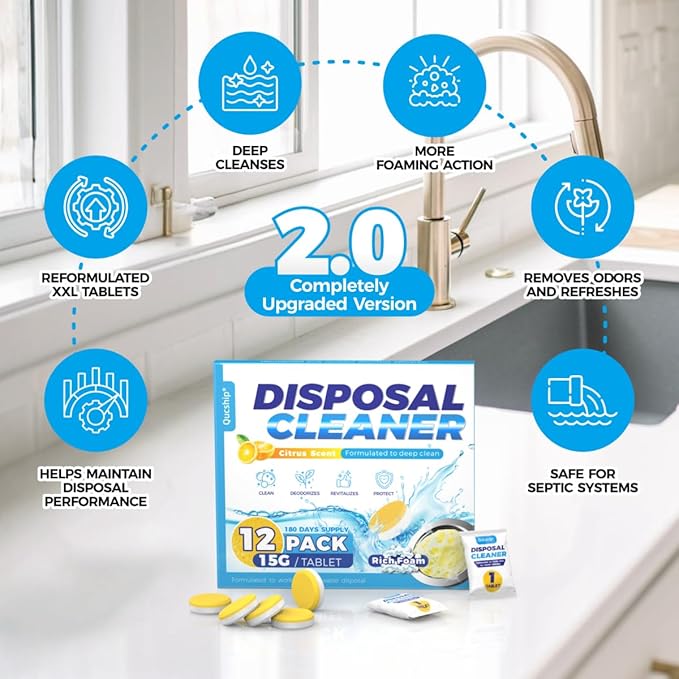 Qucship Garbage Disposal Cleaner Deodorizer - 12 Pack, Foaming Citrus Sink Freshener - XXL Tablets Eliminate Odors, Natural Septic Safe Food Disposer Maintenance