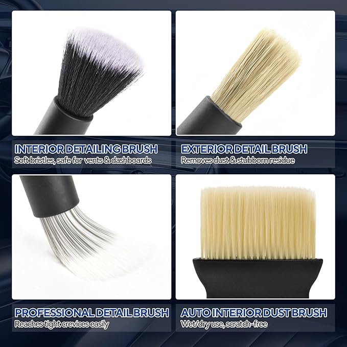 7PCS Car Detailing Brush Kit - Ultra Soft Boars Hair Car Interior Detailing Brushes, Includes 4 Different Brushes, Multi-use for Cleaning Interior or Exterior