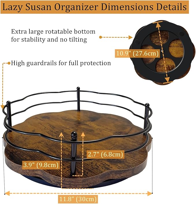 BaiWinlar 12" Lazy Susan Turntable Organizer with Higher Metal Sides, Wooden Lazy Susan Spice Rack Organization and Storage for Cabinet,Kitchen,Countertop,Table Top,Dining Table,Coffee Bar Decor