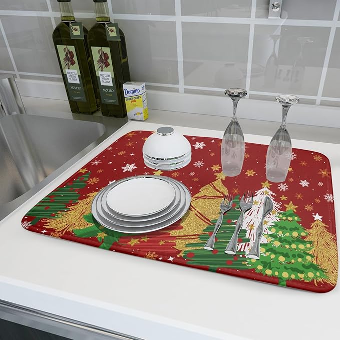 Christmas Dish Drying Mat 18 x 24 Inch Red and Green Absorbent Reversible Microfiber Mat Xmas Tree and Snowflake Pattern Dish Rack Pad for Coffee Bar Winter Decor