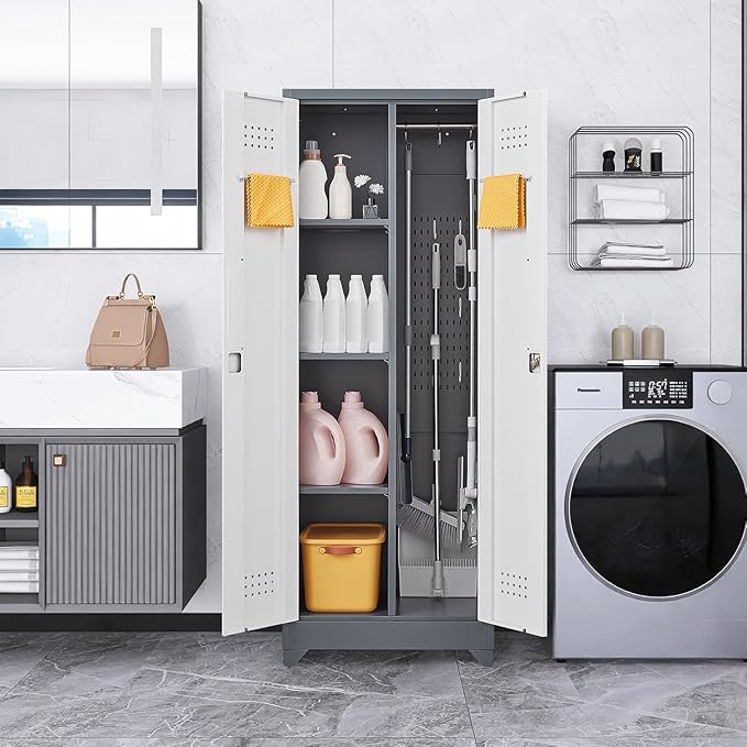 65" H Locking Storage Cabinet,Metal Broom Storage Cabinet with Doors and Adjustable Shelves,Steel Tall Garage Cabinet with Pegboard and Hanging Rod for Home Office,School,Gym,Grey-White