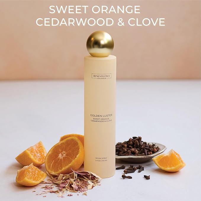 Orange, Cedarwood & Clove Room Spray | Benevolence LA Golden Luster | 3.4oz | Home, Pillow & Linen Fragrance Spray | Low VOC, No Alcohol | Malibu Sands Collection