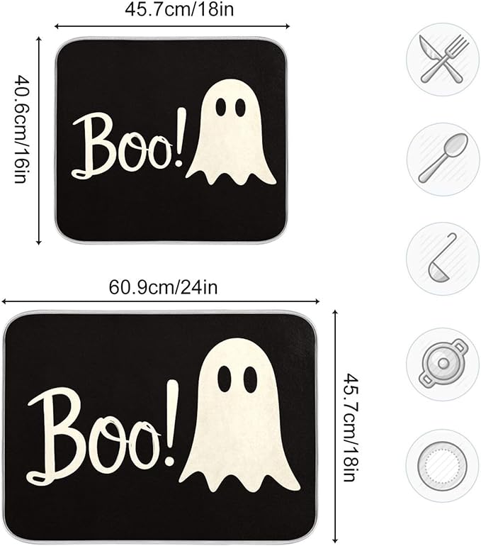 Halloween Ghost Boo Dish Drying Mat for Kitchen Countertop 16x18 Spooky Black Small Drying Mat Reusable Quick Dry Dish Sink Mats Easy Clean Decorative Essentials