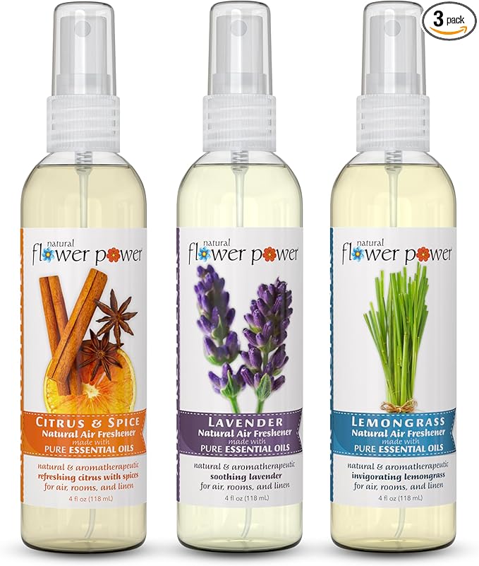 Natural Flower Power Air Freshener Spray - Odor Eliminator with Essential Oils for Home, Car & Fabric - Cruelty Free & Vegan - Variety Pack - Citrus & Spice + Lavender + Lemongrass - 3 x 4 fl oz