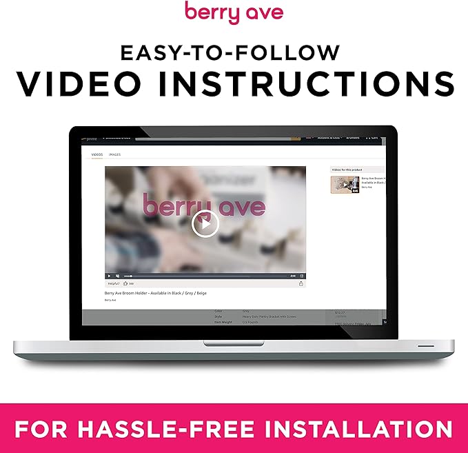 Berry Ave Broom Holder Wall Mount and Garden Tool Organizer, Closet Storage, Kitchen Rack, Home Organization and Garage Organizer for Rake or Mop Handles Up to 1.25-Inches, Hanger Plus 6 Hooks (Grey)