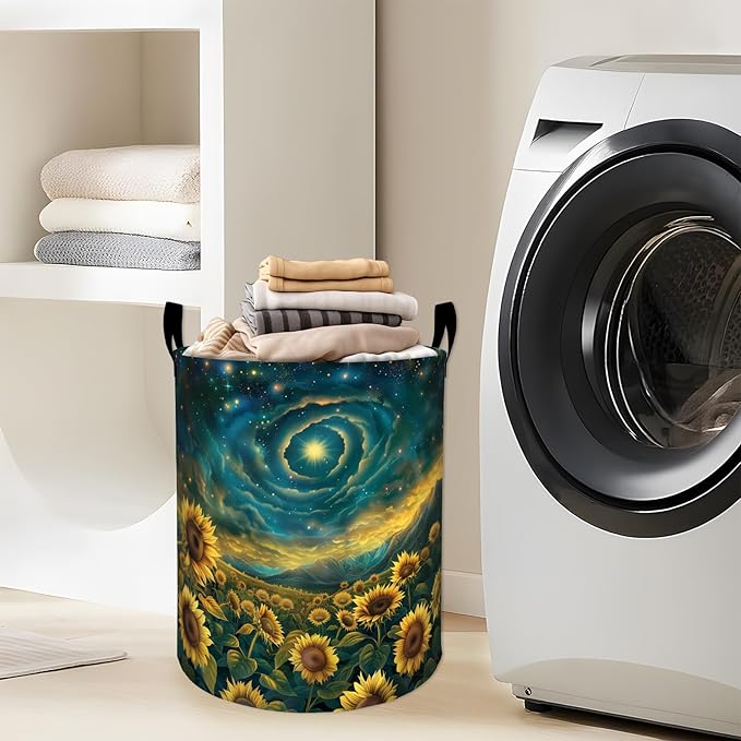 Starry Sky Sunflower Field Laundry Basket with Handles, 19.7"x15.7" Clothes Foldable Laundry Hamper Organizer for Dorm Nursery Bedroom Bathroom Decor, Toy Storage Bin for Kids
