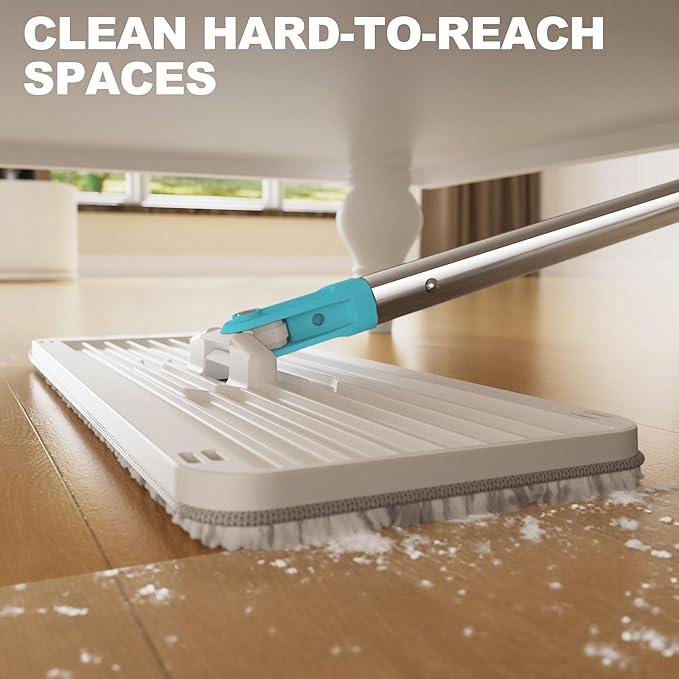 BEJOMOP Mop and Bucket Set with Wringer, Dry & Wet Wall Mop Cleaner with Long Handle, Flat Squeeze Spin Dust Mop for Household Floor Cleaning with 4 Microfiber Mops, Turquoise-Cyan