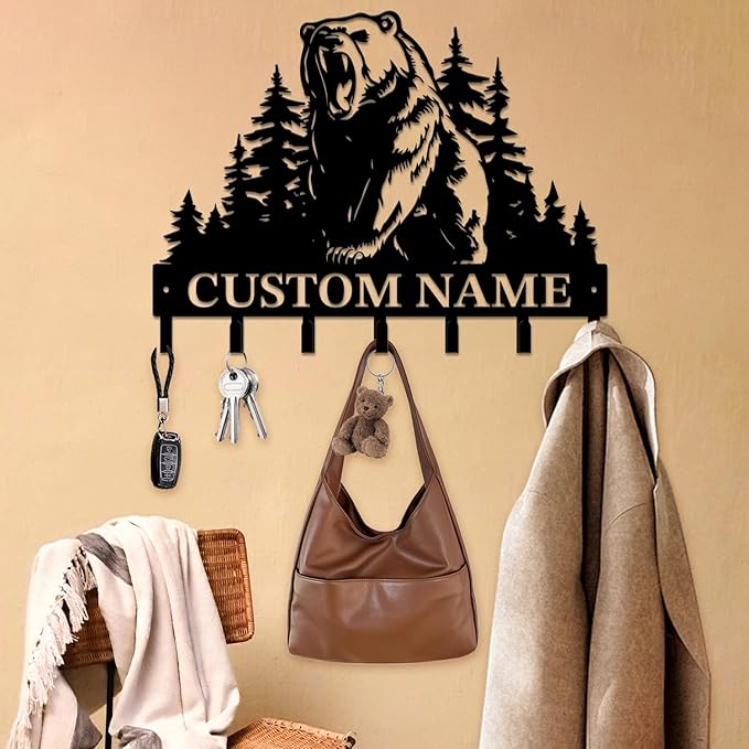 Personalized Custom Name Bear Key Wall Hooks,Metal Bear Keys Clothes Hooks,Metal Bear Wall Home Storage Decorative,For Front Door, Hallway, Kitchen, Bedroom,Keys,Hats (Style M)