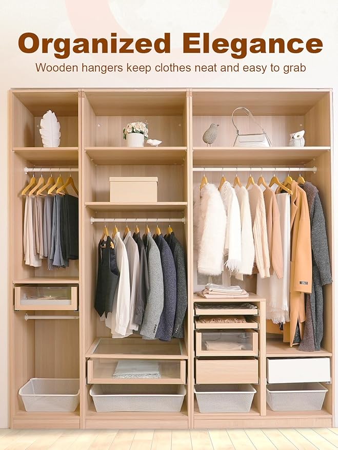 HOUSE DAY Wooden Hangers 10 Pack, Solid Wood Hanger with Non Slip Pant Bar, Heavy Duty Wooden Coat Hanger for Closet, Smooth Finish Wood Clothes Hangers for Shirts, Suits, Jackets, Dress, Natural