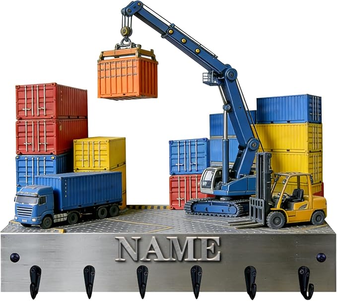 Personalized Wooden 2D Flat Print Container Truck Themed Wall Hooks for Living Room Hallway Office Custom Name Container Crane Coat Rack Port Transportation Key Storage Holder for Women Men Friends