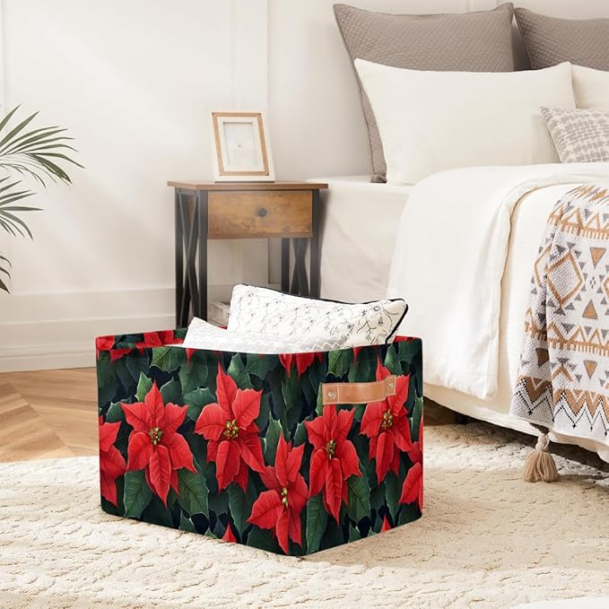 Storage Baskets Bin, Christmas Winter Poinsettia Collapsible Canvas Fabric Storage Bin Decorative Baskets Toy Organizer Rectangle Storage Boxes with Handles for Home Shelves Nursery, J-006