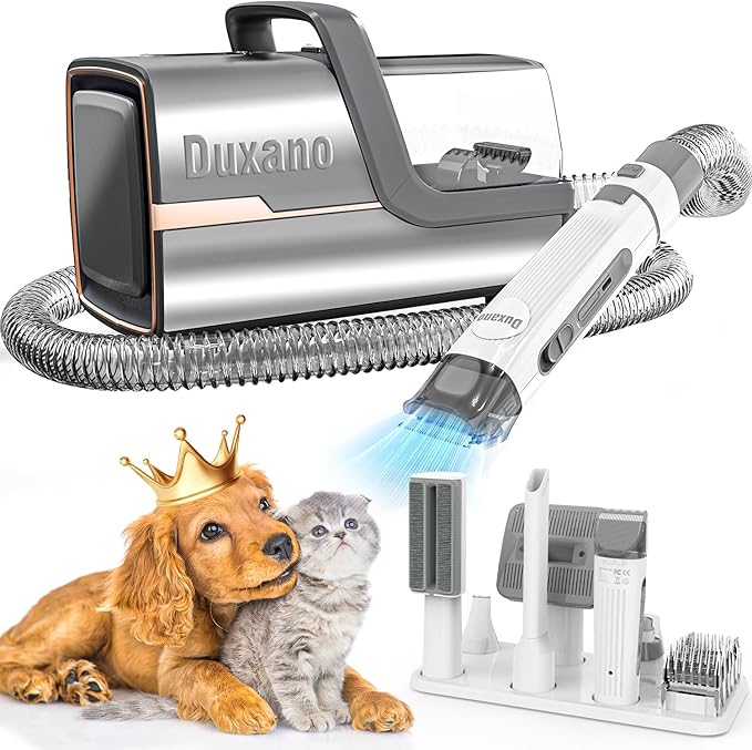 DUXANO Dog Grooming Kit & Dog Hair Vacuum,15000 Pa Powerful Suction, Pet Grooming Vacuum Removes 99% Pet Hair, Includes Clippers, Brush, Nail Trimmer Grinder, Stainless Steel