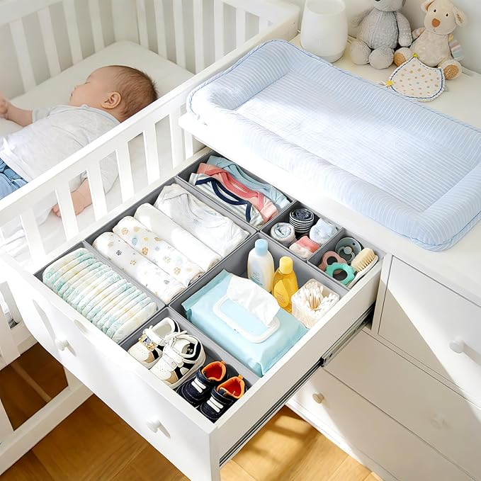 DIMJ Drawer Organizer Clothes, 28 Pack Dresser Organizer, Foldable Closet Organizers and Storage, Fabric Dresser Bins, Drawer Dividers for Nursery, Baby Clothes, Underwears, Sock,White