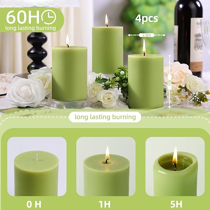 4 Pack Sage & White Tea Scented Pillar Candles,Natural Soy Wax Pillar Candles-2.8x4In,60H Long Lasting Burning Fragrance Candles for Home,Spa,Stress Relief & Wedding,Dinner Table(Sage Green)