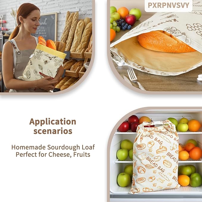 2-PACK Beeswax Bread Bag - Reusable Food Wrapor Homemade Sourdough Loaf,to Keep Fresh Fridge-Safe Beeswax Perfect for Cheese, Fruits Washable & Sustainable Alternative to Plastic