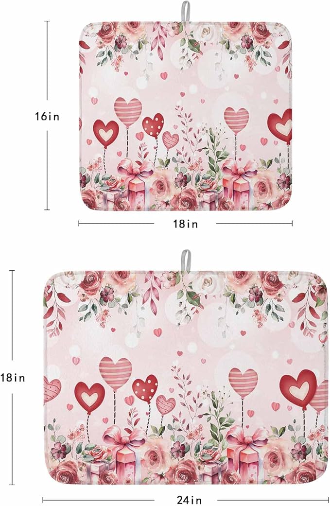Valentine's Day Dish Drying Mat for Kitchen Counter Pink Love Heart Drying Pad Absorbent Drying Mats for Countertops Sinks Draining Racks Rose Gift Drainer Valentines Holiday Decorations 16x18 Inch