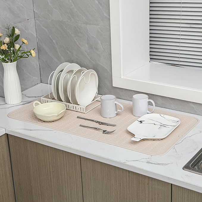 MicoYang Silicone Dish Drying Mat for Multiple Usage,Easy clean,Eco-friendly,Heat-resistant Silicone Mat for Kitchen Counter or Sink,Refrigerator or Drawer Liner Tapioca 5XL 36inches x 18inches