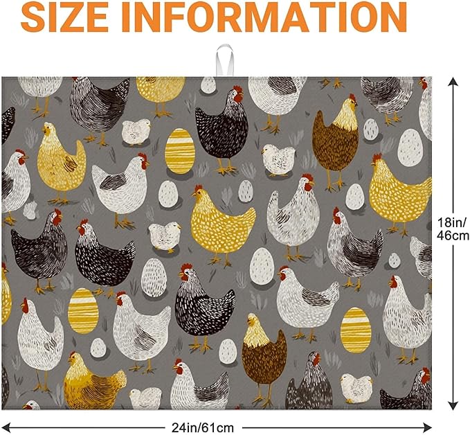 Dish Drying Mat For Kitchen Counter, Hens Roosters Chicken Microfiber Absorbent Dish Drainer Rack Pad Reusable Large 18x24in Drying Mat