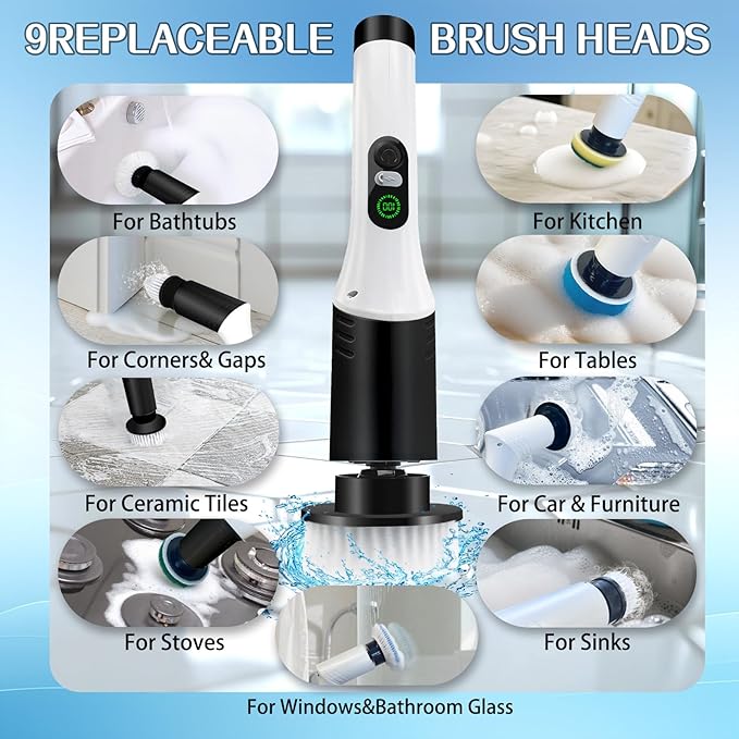 Spin Scrubber,9-In-1Multifunctional Cleaning Brush with Detachable Handle,9 Replaceable Brush Heads&LCD Display,Rechargeable Electric Spin Scrubber for Bedroom,Bathroom,Kitchen,Car
