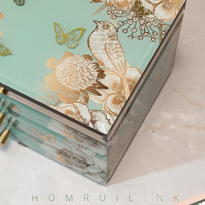 High End Glass Jewelry Box - 3 Layer Jewelry Organizer - Velvet-Lined Case For Ring, Necklace, Earring, Bracelet Storage - Green Floral and Bird - Valentine's Day Gifts For Women