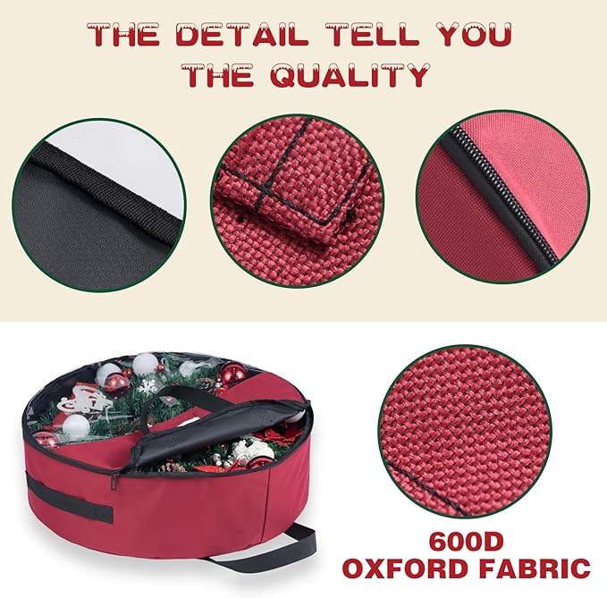 Christmas Wreath Storage Bag 30 inch Christmas Decoration Container with Transparent Window Garland Storage Bag with Three Handles Double Zipper (red) (30")