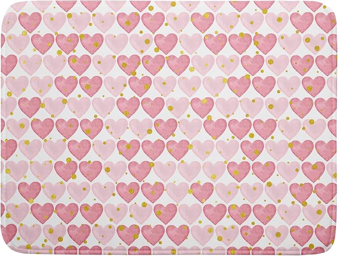 Valentines Day Dish Drying Mat for Kitchen Counter 24x18 Inch Love Drying Mat with Absorbent Reversible Microfiber Golden Pink Heart Dish Drainer Mats Rack Pad for Coffee Countertop Protector