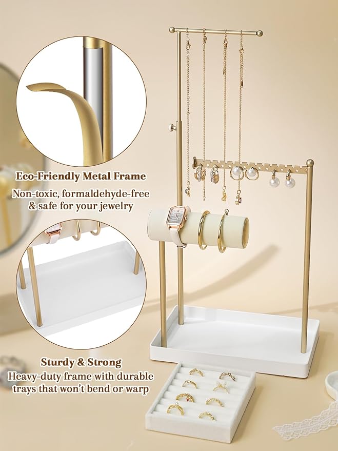 Jenseits Jewelry Organizer Stand with Ring Holder - 3-Tier Gold Jewelry Holder Tower with Velvet Tray, Necklace Holder, Bracelet & Earring Display Stand for Women, Gift for Her