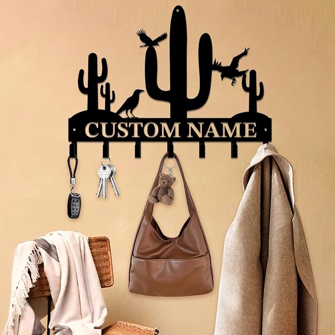 Personalized Custom Name Cactus Wall Keys Hooks,Metal Cactus Art Clothes Hooks,Metal Cactus Lover Wall Home Storage Decorative,For Front Door, Hallway, Kitchen, Bedroom,Keys,Hats (Style H)