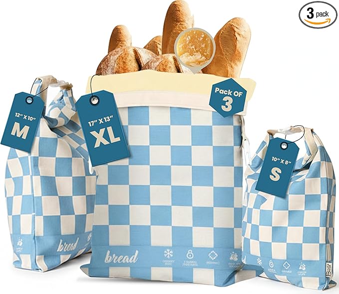 Buzzy Bags 3-Pack Reusable Beeswax Bread Bags (XL, M, S) - Organic Cotton Beeswax Bread Storage Bag for Homemade Bread & Sourdough Freezer-Safe, Breathable & Freshness Support - Eco-Friendly Bread Bag