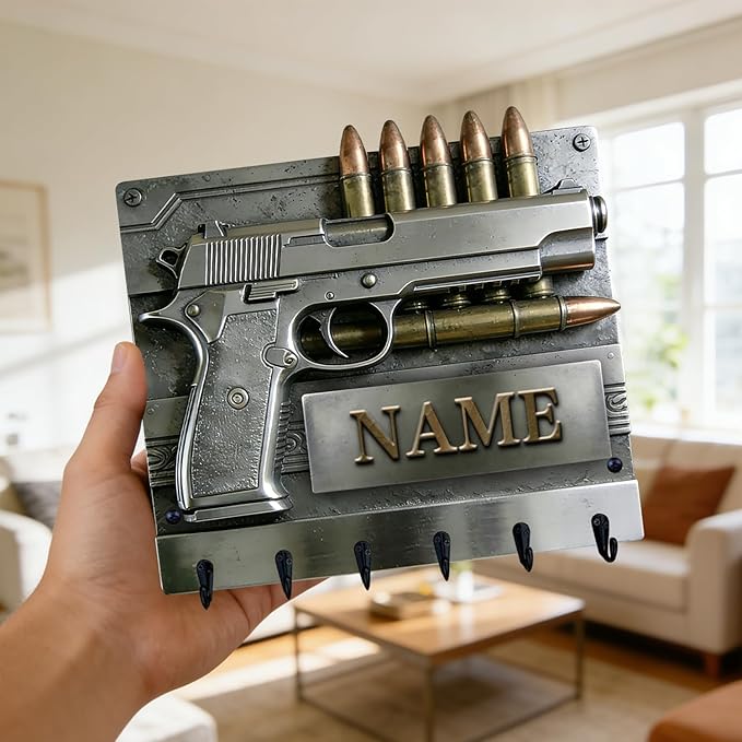 Custom Gun Bullet Themed Wall Hooks for Men Husband Grandpa Dad Personalized Name Pistol Bullet 2D Flat Print Gun Equipment Wall Mounted Key Rack Firearm-Themed Coat Holder for Bedroom Man Cave Carage