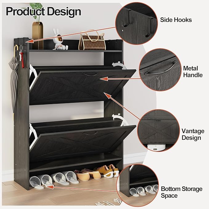 Shoe Cabinet with 2 Flip Drawers & Adjustable Shelf,Wood Shoe Organizer,Freestanding Hidden Shoe Storage Cabinet for Entryway,Hallway (Black)