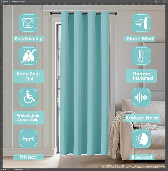 ChrisDowa Blackout Curtains 80 Inches Long for Doorways and Closets, Thermal Insulated Temporary Room Dividers (1 Panel, Aqua, 52 x 80 Inch)