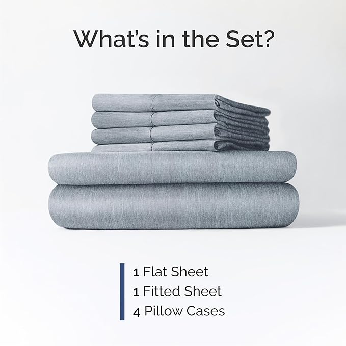 Cal King 6 Piece Sheet Set - Comfy Breathable & Cooling - Soft Hotel Luxury Bedding Set w/ 8-16 Inch Deep Pockets - 1 Flat & 1 Fitted Sheet & 4 Pillowcases - Wrinkle Free & Easy Care - Heathered Blue