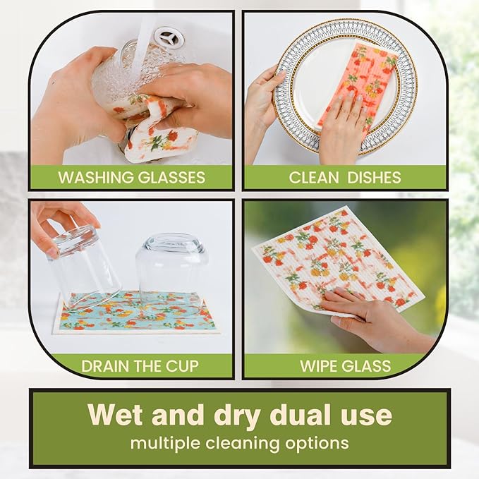 Yelasenari Swedish Dishcloths for Kitchen Reusable 6 Pack Kitchen Towels No Odor Quick-Drying Reusable Paper Towels Reusable Paper Towels Washable for Countertop, Sink, and Kitchen Rose