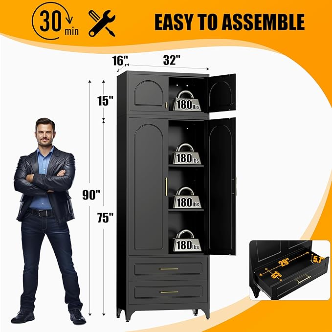 Metal Storage Cabinet with Doors and Shelves, 90" Tall Kitchen Pantry Storage Cabinets with 2 Drawer, Black Pantry Closet, Steel Large Cupboard, High Leveling Feet- Assembly Required