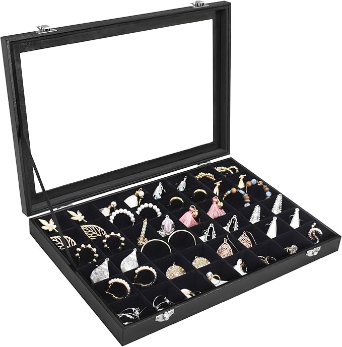 Jewelry Tray Organizer Box 48 Grid Jewelry Display Organizer Box with Transparent Lid Rings Earrings Necklaces Pendants Display Box Suitable for Women and Girls (48 Grid, Black)