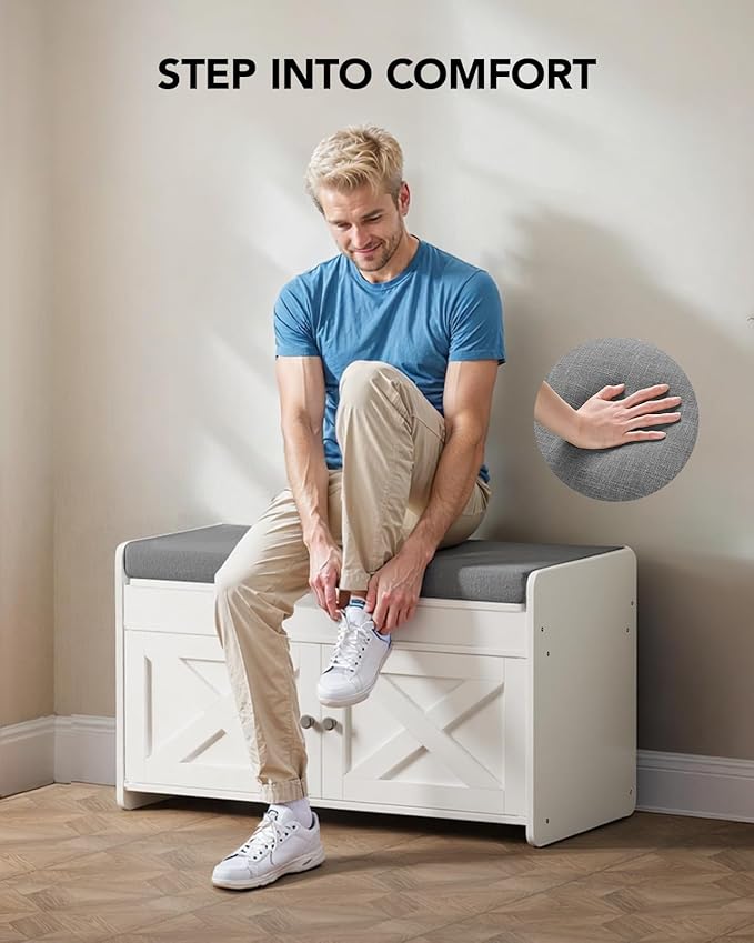 Amada Shoe Storage Bench, 31.5" Small Entryway Bench with Cushioned Seat & Lift Top Storage, 2 Door, Adjustable Shelf, 300 lbs Capacity, Bench with Shoe Rack for Entryway, Bedroom, Living Room, White