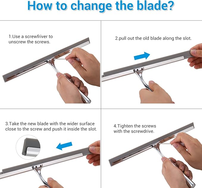 Shower Squeegee for Glass Doors, 12" Stainless Steel Squeegees for Shower Doors, Bathroom, Window and Car Glass, All-Purpose Cleaning Squeegee with Matching Hooks Holder, 1 Replacement Squeegee Blade