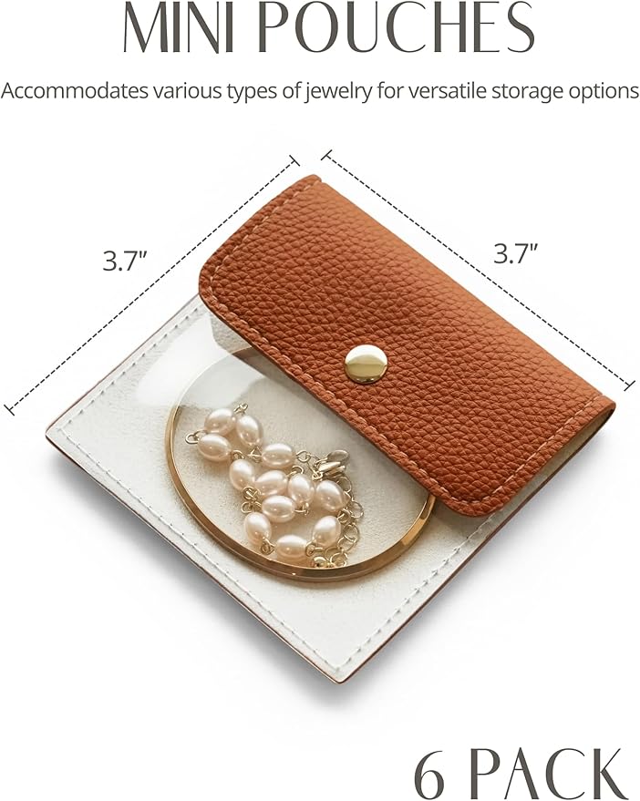 Popvibe 6 Pcs Jewelry Bags Clear Mini Pouch Small Jewelry Pouches for Traveling Leather Portable Travel Jewelry Organizer and Storage Bag for Earrings, Necklace, Brown